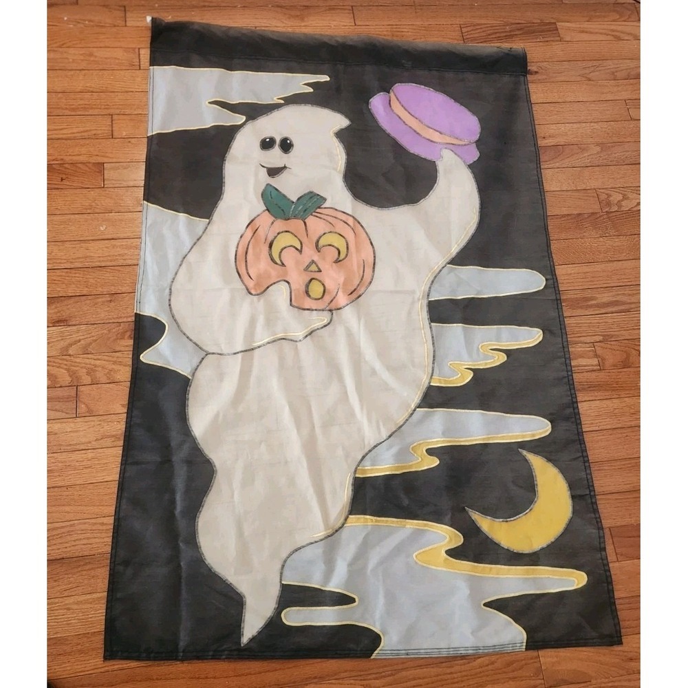 Vintage 90's Halloween Ghost Pumpkin Yard House Flag Large 49" x 33" Kitchy